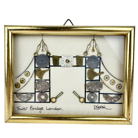 L Kersh London Signed Framed Horological Collage Tower Bridge 6" x 4.5" 1971 - Picture 1 of 7